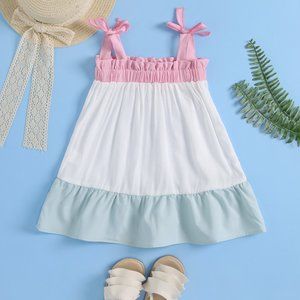 Girls Tricolor Frill Trim Tie-Shoulder Dress